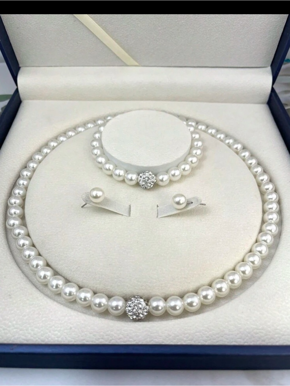Pearl Necklace, Bracelet & Stud Earring Set with Crystal Accent - White Pearls
